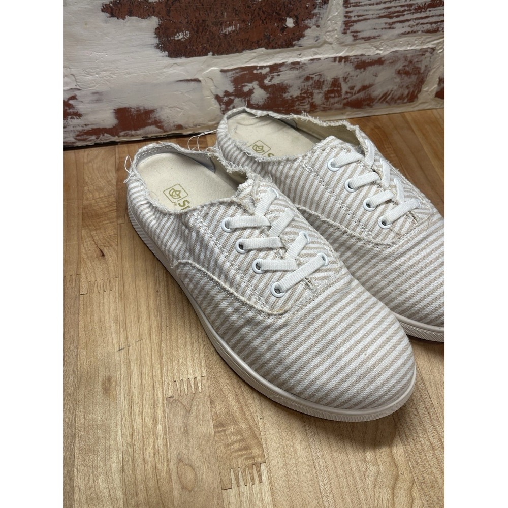 Spenco Orthotic Brown Stripe Canvas Slip‎ On Sneaker Mules Santa Rosa Size 7.5